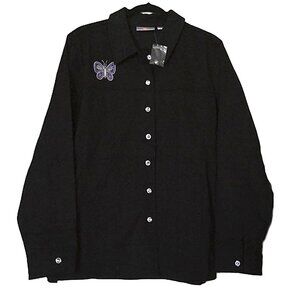 New Quacker Factory Black Denim Jacket Shirt Style Butterfly & Bling NWT Sz L